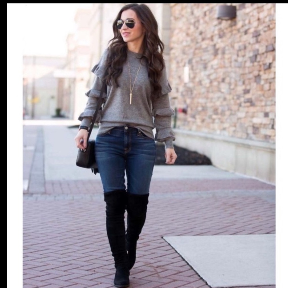 J.crew ruffled sleeve gray sweater